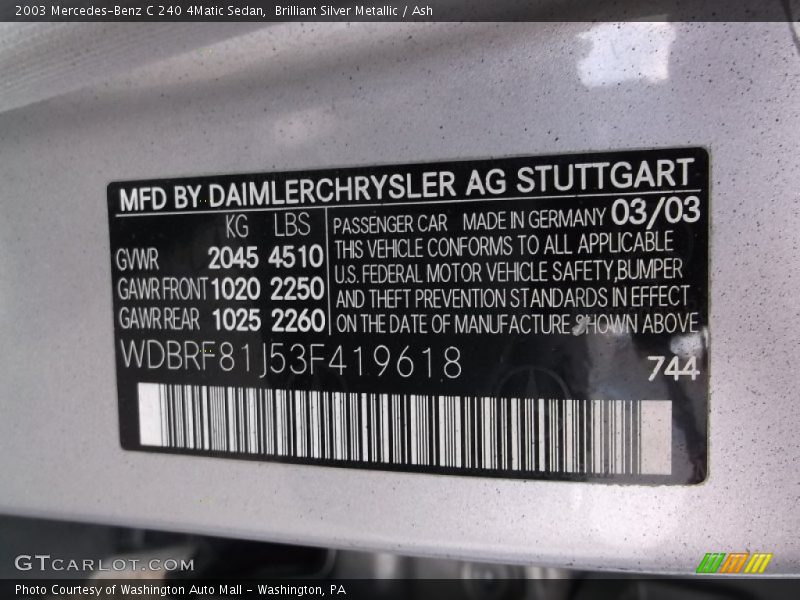 Brilliant Silver Metallic / Ash 2003 Mercedes-Benz C 240 4Matic Sedan