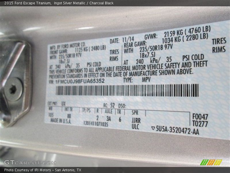 Ingot Silver Metallic / Charcoal Black 2015 Ford Escape Titanium