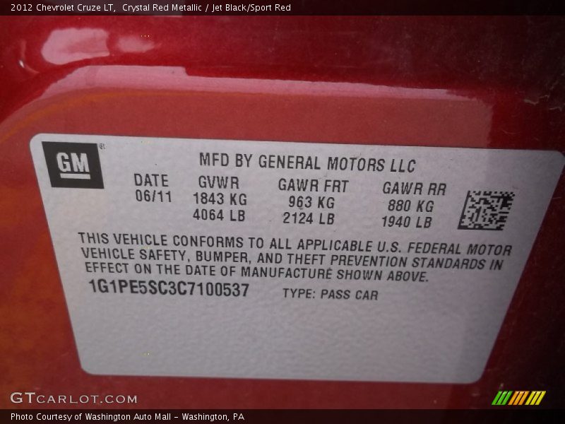 Crystal Red Metallic / Jet Black/Sport Red 2012 Chevrolet Cruze LT