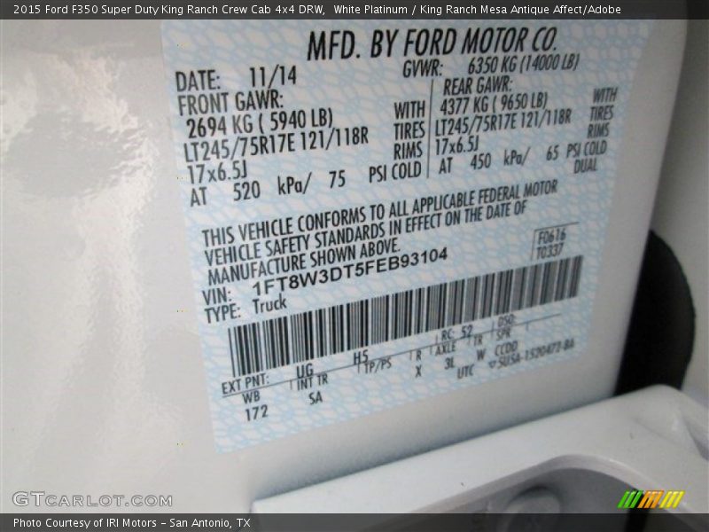 White Platinum / King Ranch Mesa Antique Affect/Adobe 2015 Ford F350 Super Duty King Ranch Crew Cab 4x4 DRW