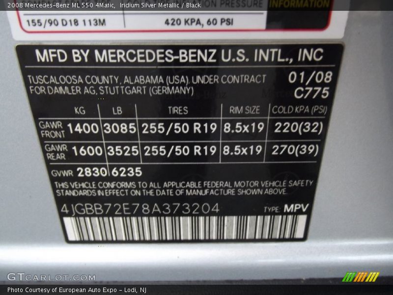 Iridium Silver Metallic / Black 2008 Mercedes-Benz ML 550 4Matic