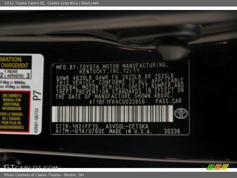 Cosmic Gray Mica / Black/Ash 2012 Toyota Camry SE