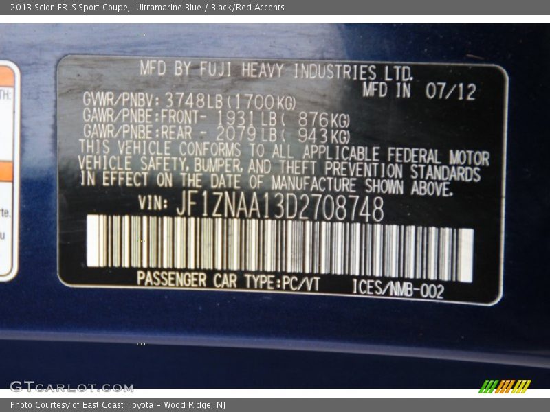 Ultramarine Blue / Black/Red Accents 2013 Scion FR-S Sport Coupe