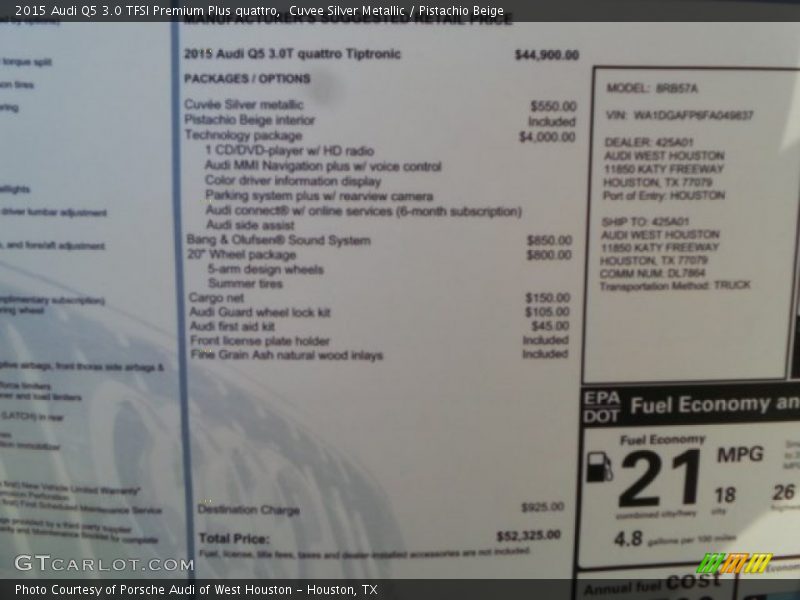  2015 Q5 3.0 TFSI Premium Plus quattro Window Sticker