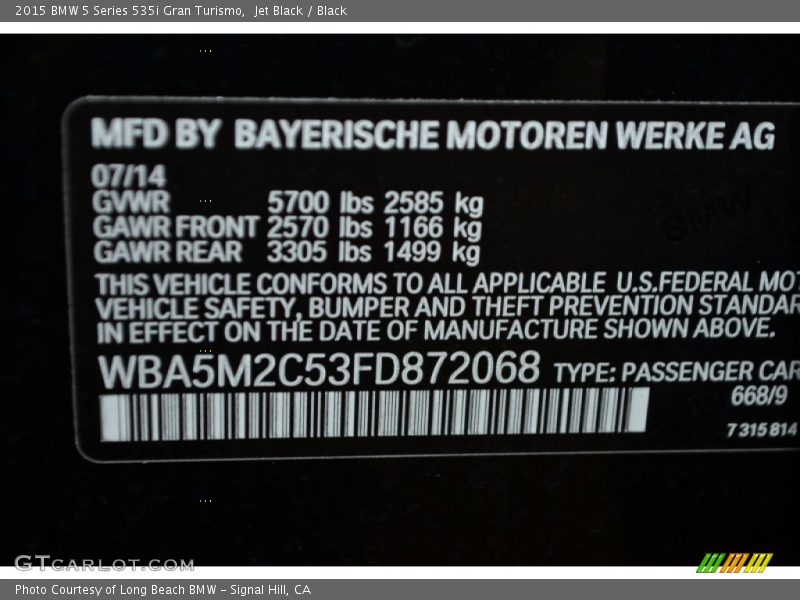 Jet Black / Black 2015 BMW 5 Series 535i Gran Turismo