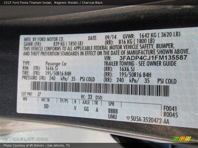 2015 Fiesta Titanium Sedan Magnetic Metallic Color Code J7
