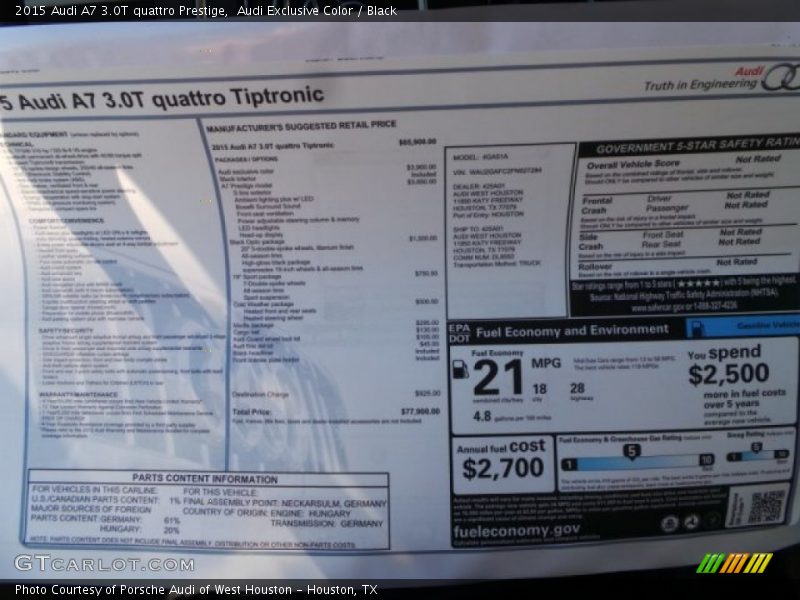  2015 A7 3.0T quattro Prestige Window Sticker