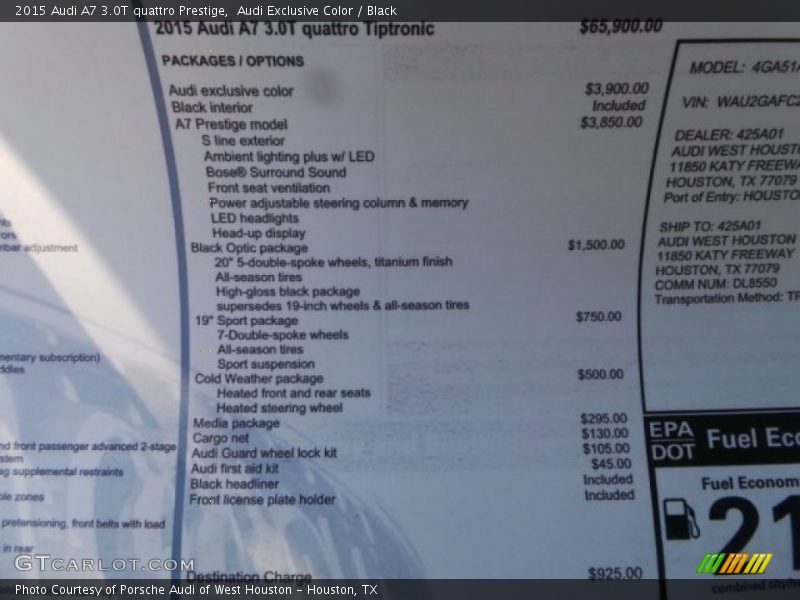  2015 A7 3.0T quattro Prestige Window Sticker