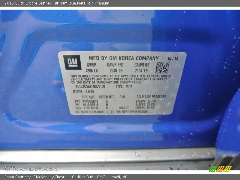 Info Tag of 2015 Encore Leather