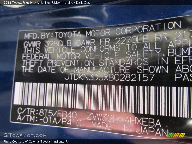 Blue Ribbon Metallic / Dark Gray 2011 Toyota Prius Hybrid II