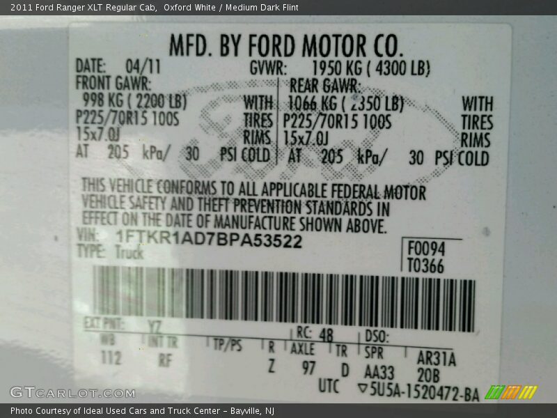 Oxford White / Medium Dark Flint 2011 Ford Ranger XLT Regular Cab