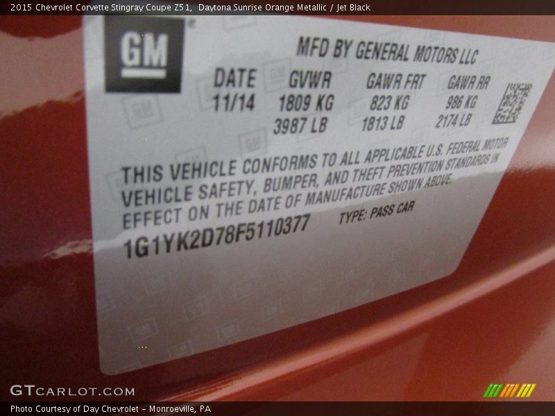 Info Tag of 2015 Corvette Stingray Coupe Z51