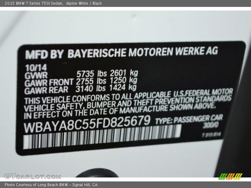 Alpine White / Black 2015 BMW 7 Series 750i Sedan