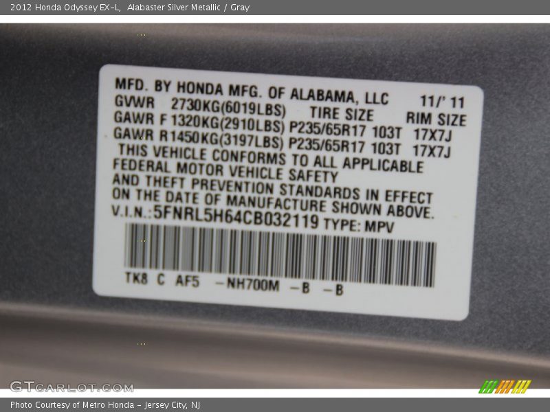 Alabaster Silver Metallic / Gray 2012 Honda Odyssey EX-L