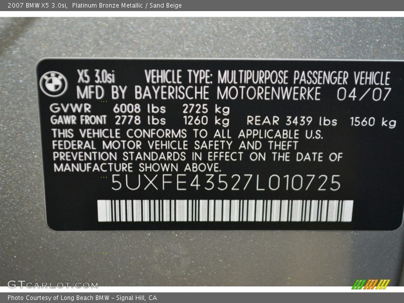 Platinum Bronze Metallic / Sand Beige 2007 BMW X5 3.0si