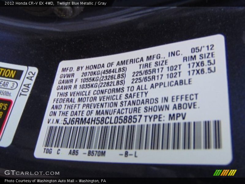 Twilight Blue Metallic / Gray 2012 Honda CR-V EX 4WD