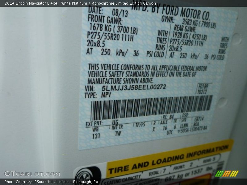 2014 Navigator L 4x4 White Platinum Color Code UG