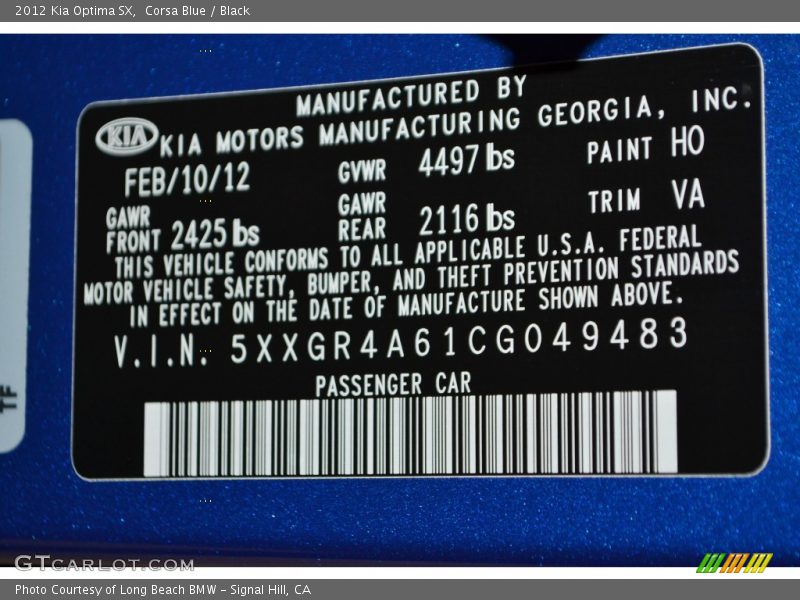 Corsa Blue / Black 2012 Kia Optima SX