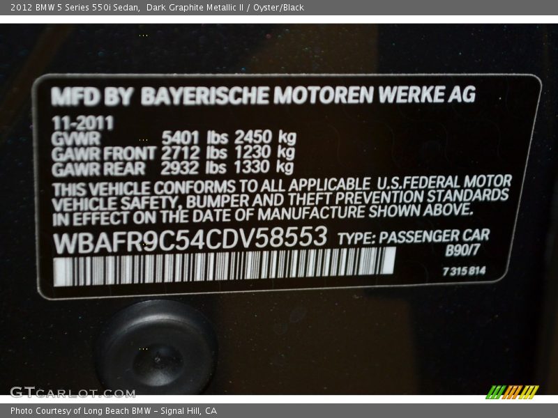 Dark Graphite Metallic II / Oyster/Black 2012 BMW 5 Series 550i Sedan