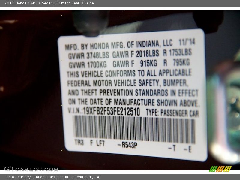 Crimson Pearl / Beige 2015 Honda Civic LX Sedan