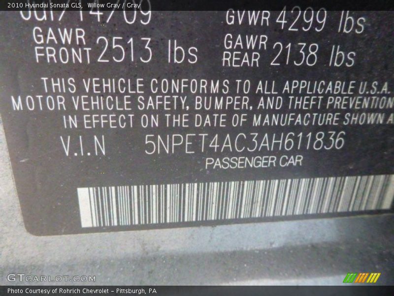Willow Gray / Gray 2010 Hyundai Sonata GLS