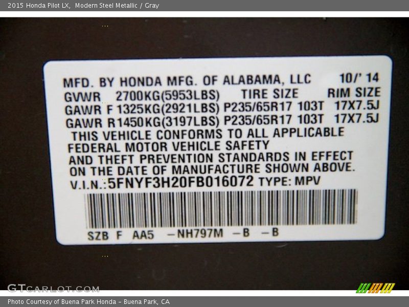 Modern Steel Metallic / Gray 2015 Honda Pilot LX