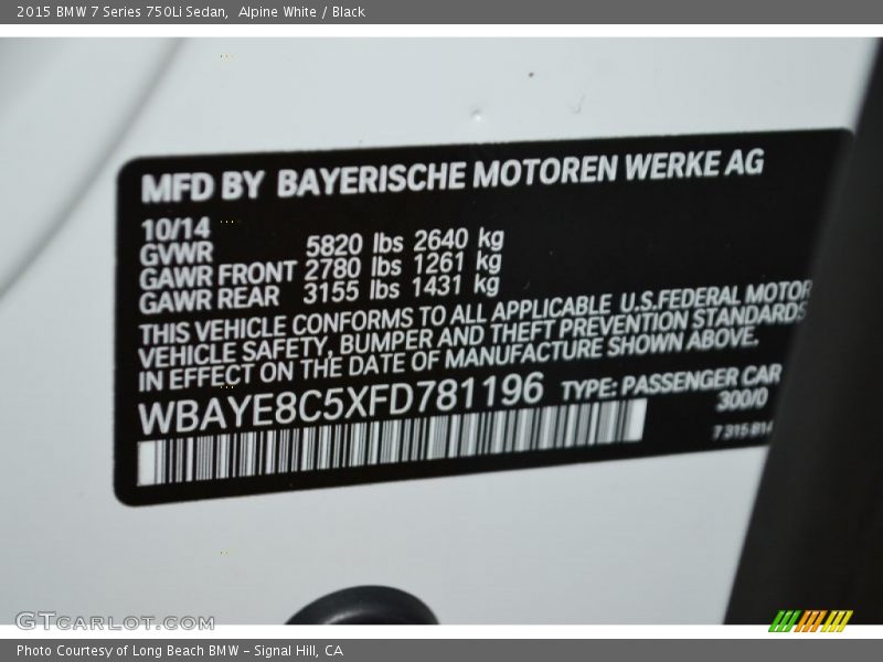 Alpine White / Black 2015 BMW 7 Series 750Li Sedan