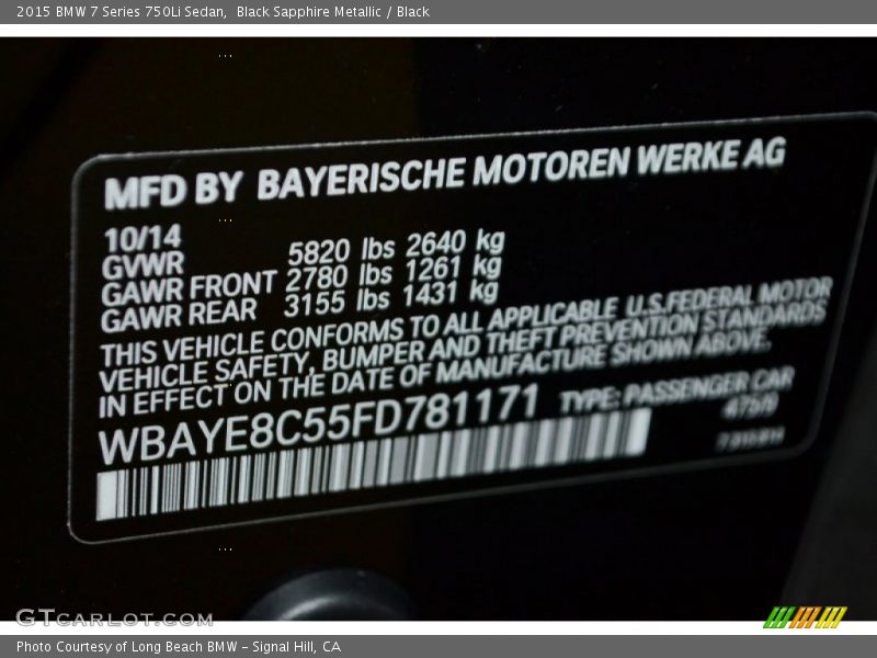 Black Sapphire Metallic / Black 2015 BMW 7 Series 750Li Sedan