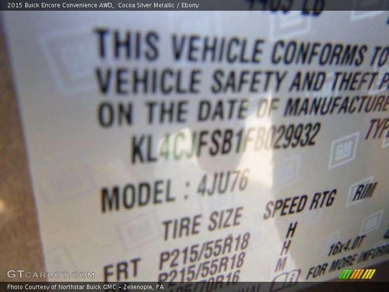 Info Tag of 2015 Encore Convenience AWD