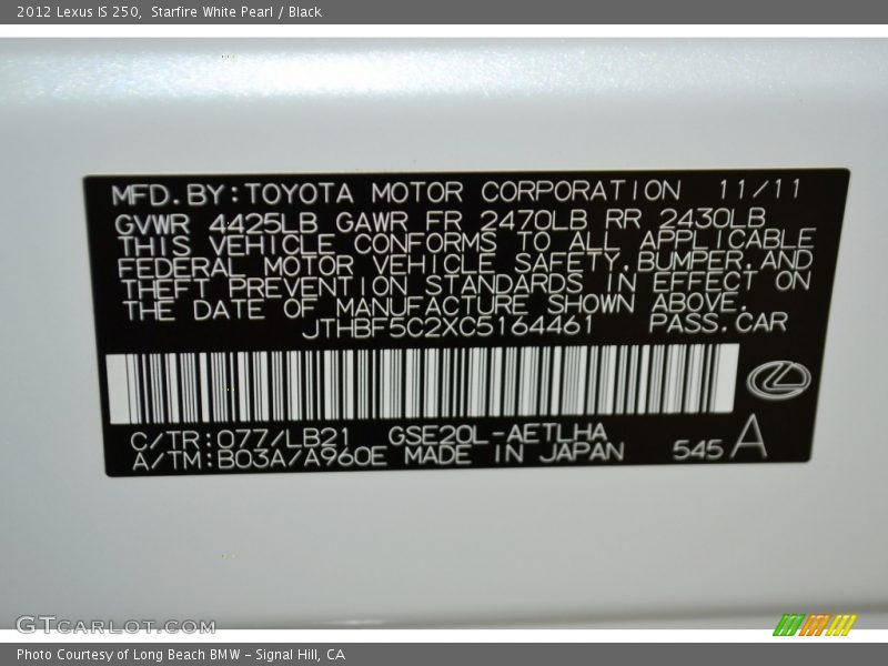 Starfire White Pearl / Black 2012 Lexus IS 250