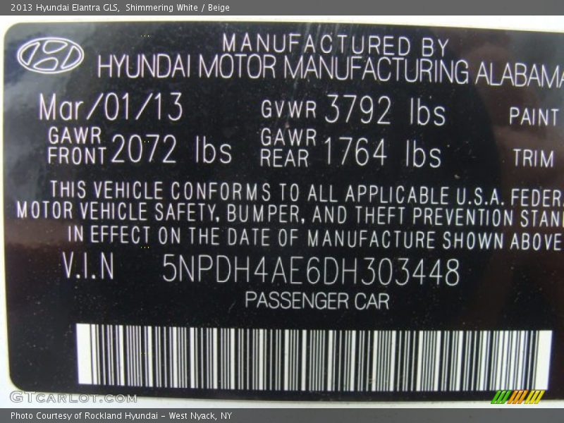 Shimmering White / Beige 2013 Hyundai Elantra GLS