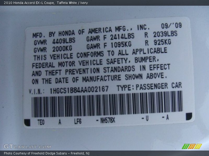 Taffeta White / Ivory 2010 Honda Accord EX-L Coupe