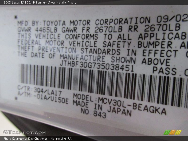 Millennium Silver Metallic / Ivory 2003 Lexus ES 300