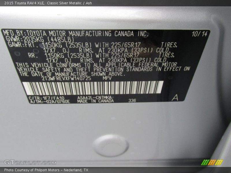 2015 RAV4 XLE Classic Silver Metallic Color Code 1F7