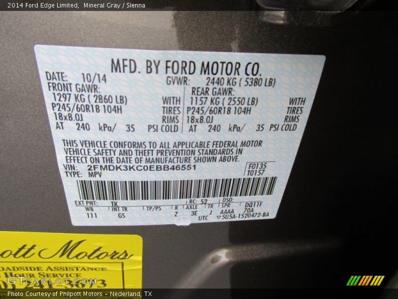 Mineral Gray / Sienna 2014 Ford Edge Limited