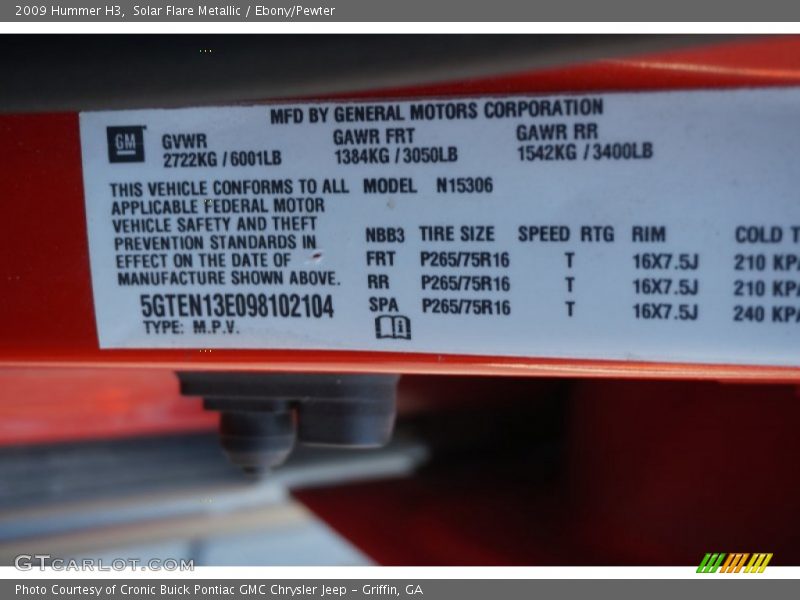 Solar Flare Metallic / Ebony/Pewter 2009 Hummer H3