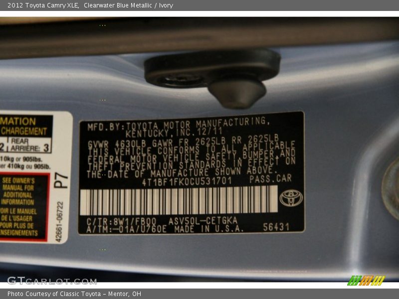 Clearwater Blue Metallic / Ivory 2012 Toyota Camry XLE