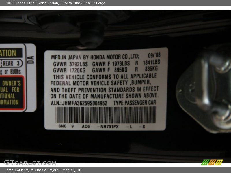 Crystal Black Pearl / Beige 2009 Honda Civic Hybrid Sedan