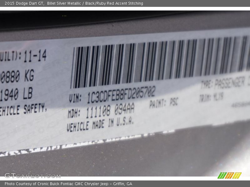 Billet Silver Metallic / Black/Ruby Red Accent Stitching 2015 Dodge Dart GT