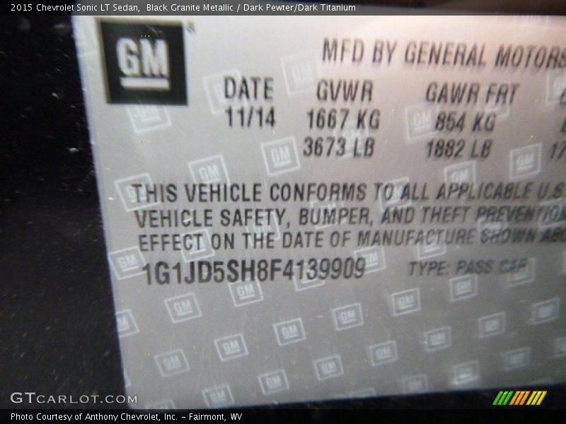 Black Granite Metallic / Dark Pewter/Dark Titanium 2015 Chevrolet Sonic LT Sedan