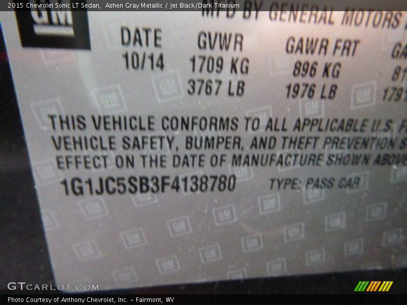 Ashen Gray Metallic / Jet Black/Dark Titanium 2015 Chevrolet Sonic LT Sedan