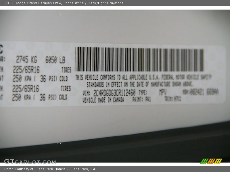 Stone White / Black/Light Graystone 2012 Dodge Grand Caravan Crew