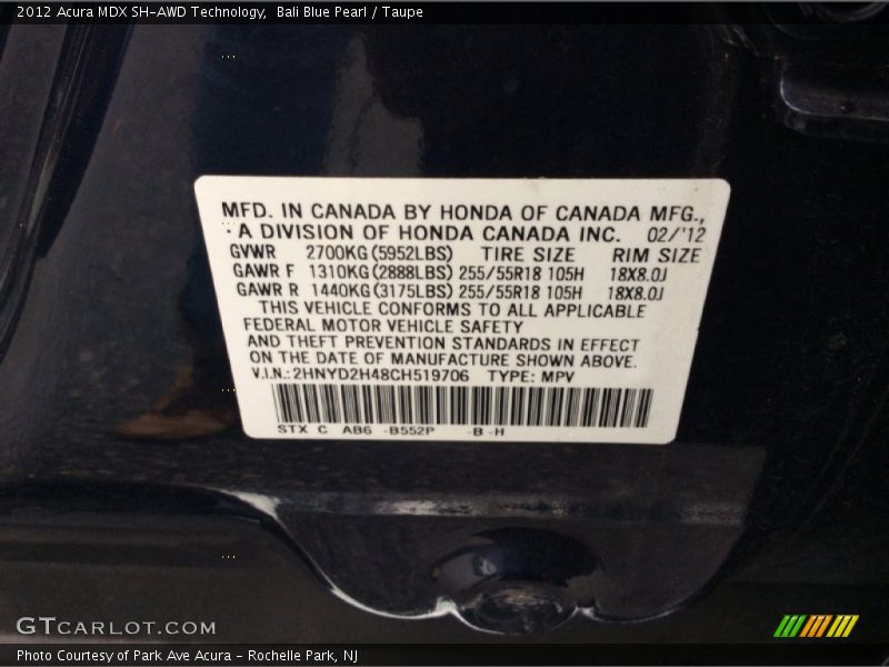 Bali Blue Pearl / Taupe 2012 Acura MDX SH-AWD Technology
