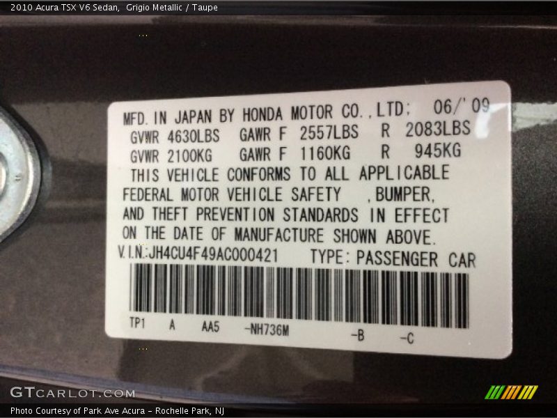 Grigio Metallic / Taupe 2010 Acura TSX V6 Sedan