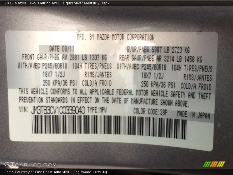 Liquid Silver Meatllic / Black 2012 Mazda CX-9 Touring AWD