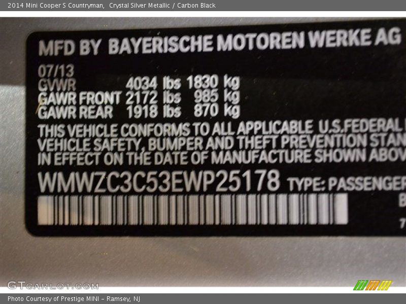 Crystal Silver Metallic / Carbon Black 2014 Mini Cooper S Countryman