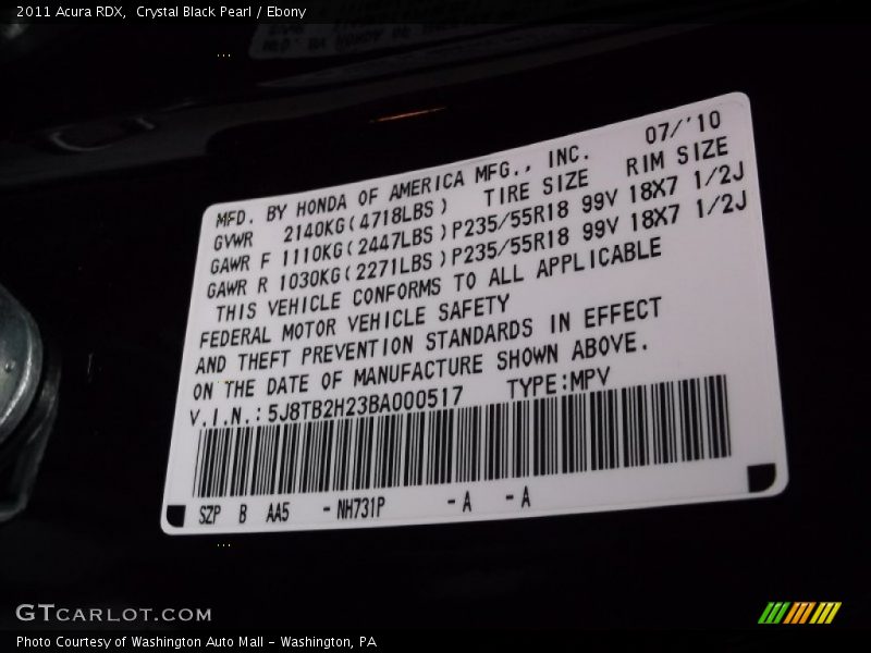 Crystal Black Pearl / Ebony 2011 Acura RDX