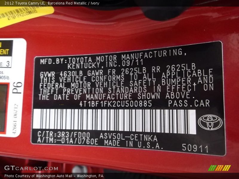 Barcelona Red Metallic / Ivory 2012 Toyota Camry LE