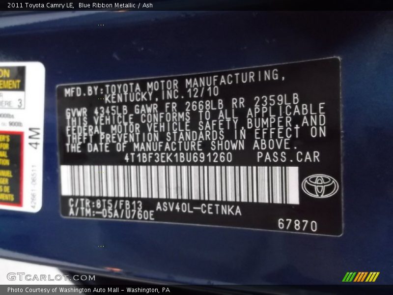 Blue Ribbon Metallic / Ash 2011 Toyota Camry LE