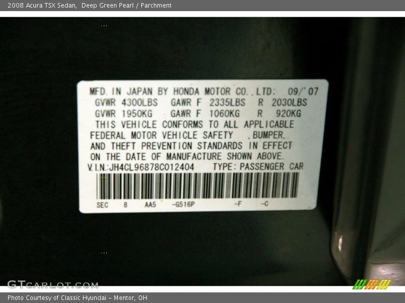 2008 TSX Sedan Deep Green Pearl Color Code G516P